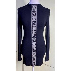 Miss Moi Womens Black Mock Neck Vogue Paris Embellished Rhinestone Tunic Blouse